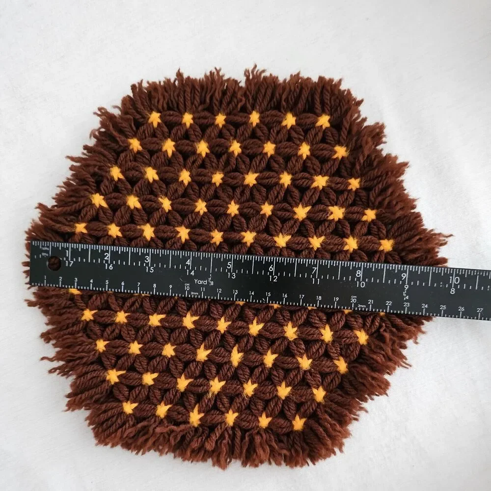 VTG Doily Retro Crochet Yarn Knitted 70s Brown Fringe Hexagon Boho Trivet